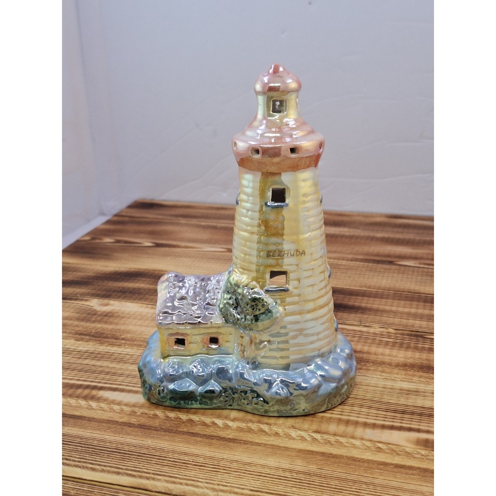 Vintage Iridescent Lighthouse Tea Light Candle Holder Bermuda Shiny Colorful 7"